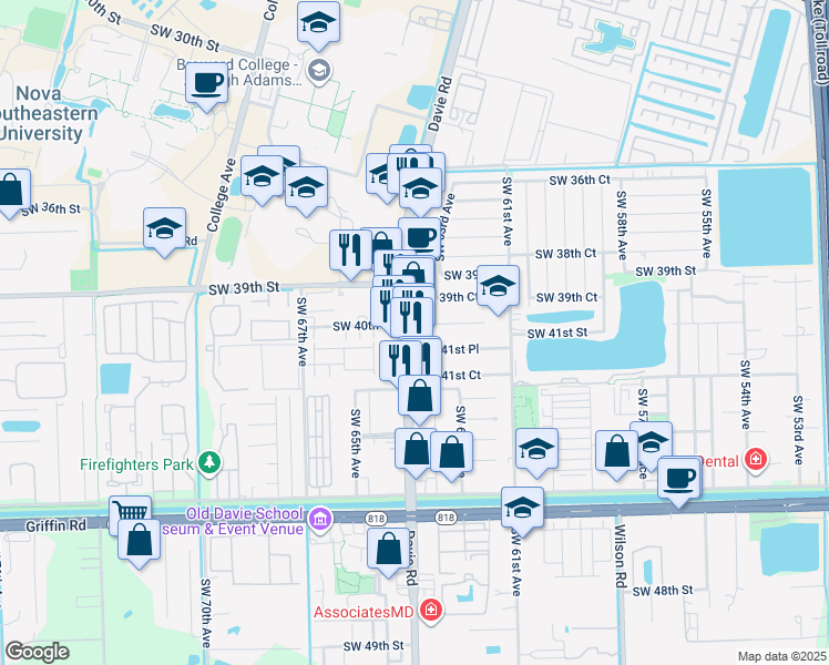 map of restaurants, bars, coffee shops, grocery stores, and more near 3995 Davie Road in Davie