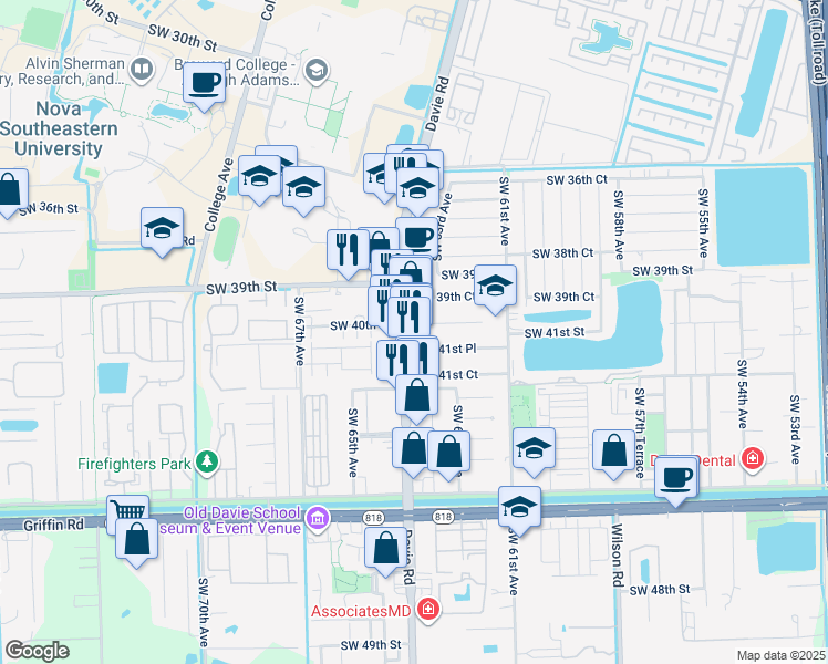 map of restaurants, bars, coffee shops, grocery stores, and more near 3995 Davie Road in Davie