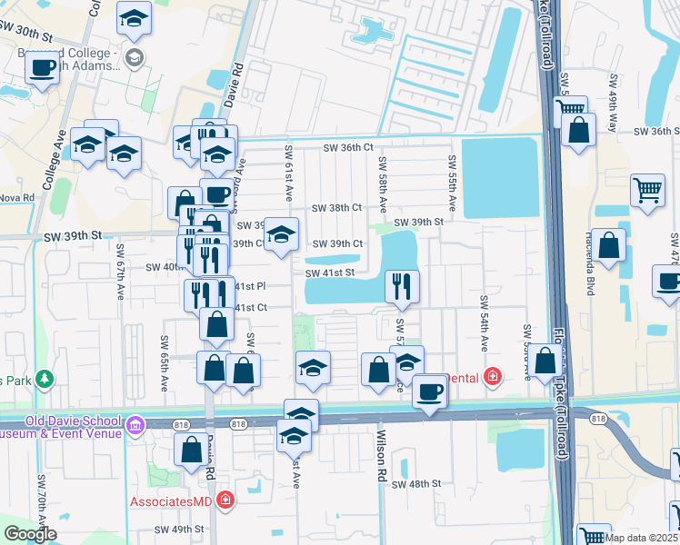 map of restaurants, bars, coffee shops, grocery stores, and more near 5961 Southwest 41st Street in Davie