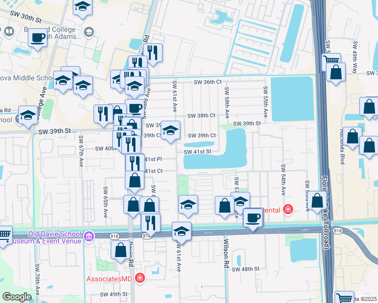 map of restaurants, bars, coffee shops, grocery stores, and more near 6051 Southwest 41st Street in Davie