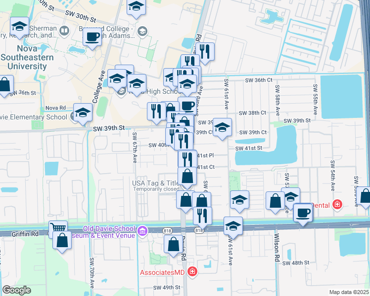 map of restaurants, bars, coffee shops, grocery stores, and more near 3995 Davie Road in Davie