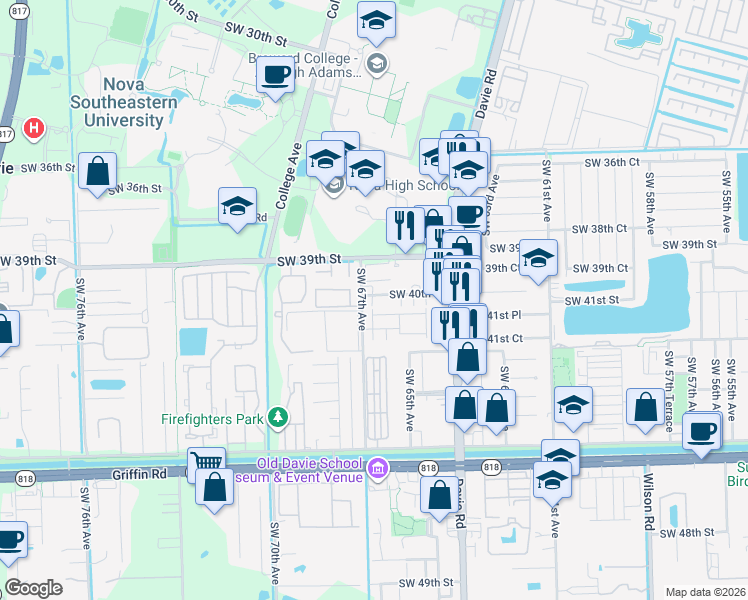 map of restaurants, bars, coffee shops, grocery stores, and more near 4036 Southwest 67th Terrace in Davie