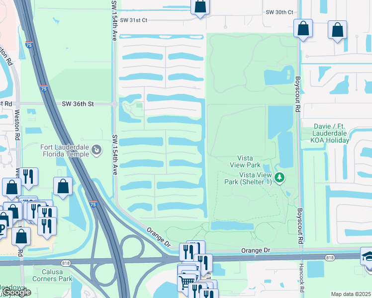 map of restaurants, bars, coffee shops, grocery stores, and more near 14857 Southwest 38th Street in Davie