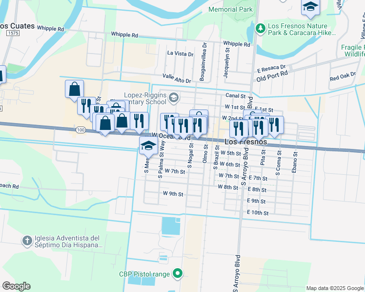 map of restaurants, bars, coffee shops, grocery stores, and more near 408 West 5th Street in Los Fresnos