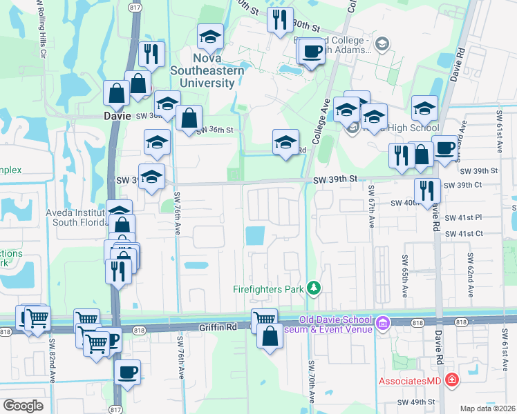 map of restaurants, bars, coffee shops, grocery stores, and more near 4010 Southwest 72nd Terrace in Davie