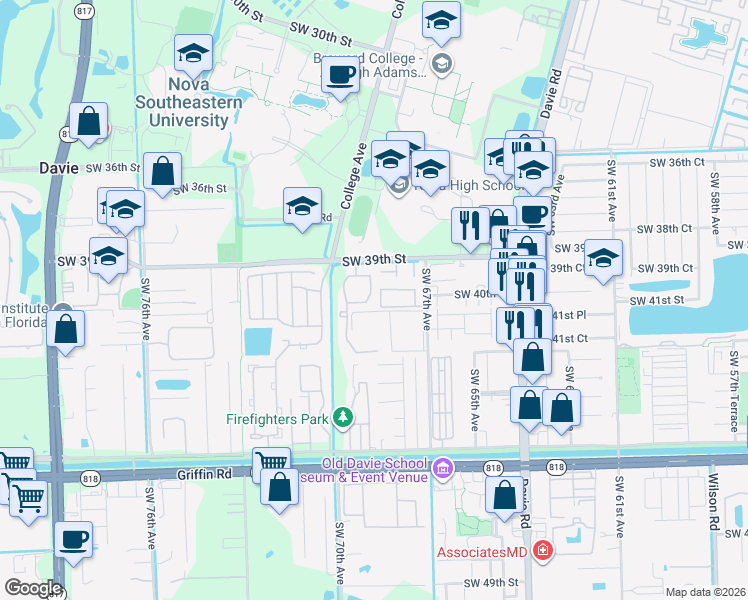 map of restaurants, bars, coffee shops, grocery stores, and more near 6780 Southwest 40th Street in Davie