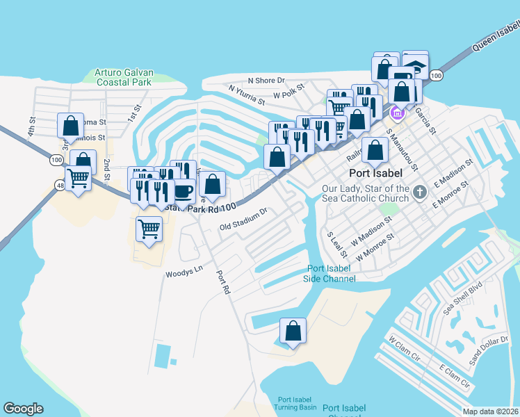 map of restaurants, bars, coffee shops, grocery stores, and more near 110 Old Stadium Drive in Port Isabel