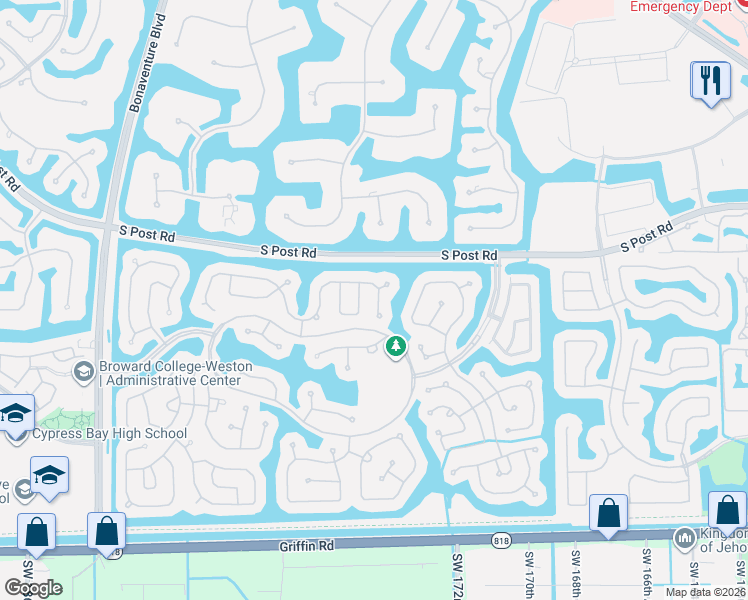 map of restaurants, bars, coffee shops, grocery stores, and more near 3925 Heron Ridge Lane in Weston