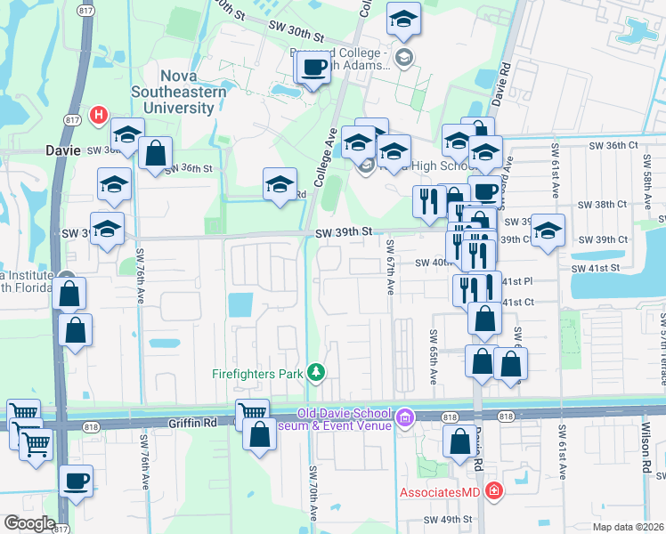 map of restaurants, bars, coffee shops, grocery stores, and more near 6944 Southwest 39th Street in Davie