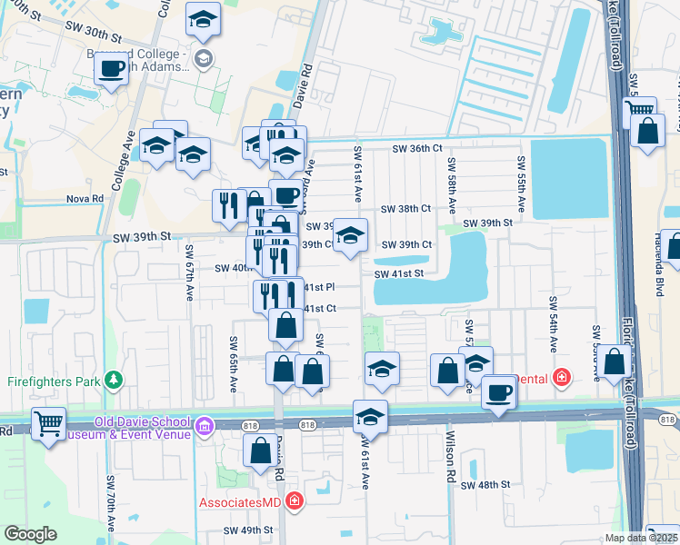 map of restaurants, bars, coffee shops, grocery stores, and more near 6200 Southwest 41st Street in Davie