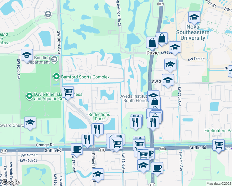 map of restaurants, bars, coffee shops, grocery stores, and more near 4011 Southwest 82nd Terrace in Davie