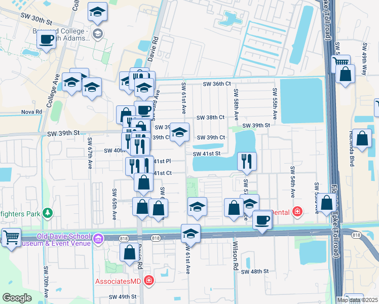 map of restaurants, bars, coffee shops, grocery stores, and more near 6051 Southwest 41st Street in Davie