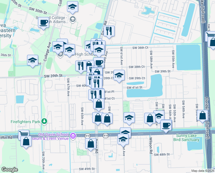 map of restaurants, bars, coffee shops, grocery stores, and more near 6300 Southwest 41st Street in Davie