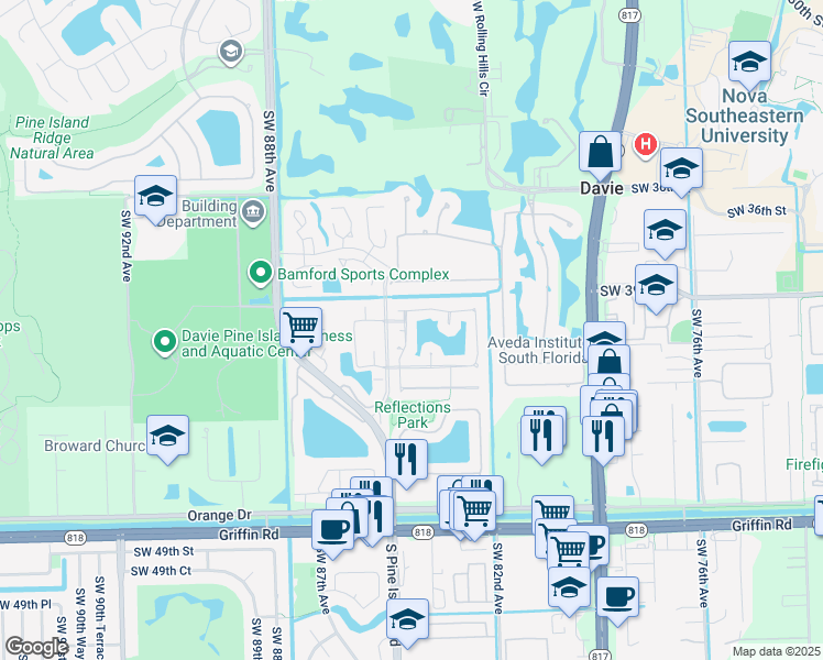 map of restaurants, bars, coffee shops, grocery stores, and more near 3960 Southwest 84th Terrace in Davie