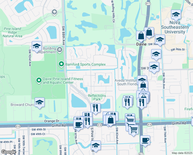 map of restaurants, bars, coffee shops, grocery stores, and more near 3960 Southwest 84th Terrace in Davie