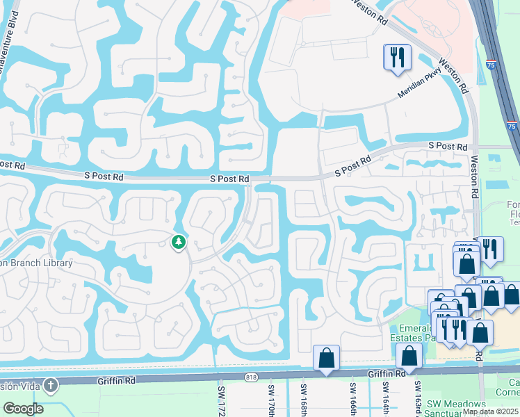 map of restaurants, bars, coffee shops, grocery stores, and more near 3637 San Simeon Circle in Weston