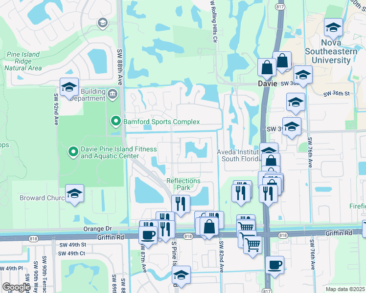 map of restaurants, bars, coffee shops, grocery stores, and more near 3960 Southwest 84th Terrace in Davie