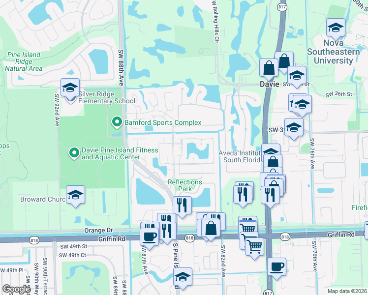 map of restaurants, bars, coffee shops, grocery stores, and more near 3960 Southwest 84th Terrace in Davie