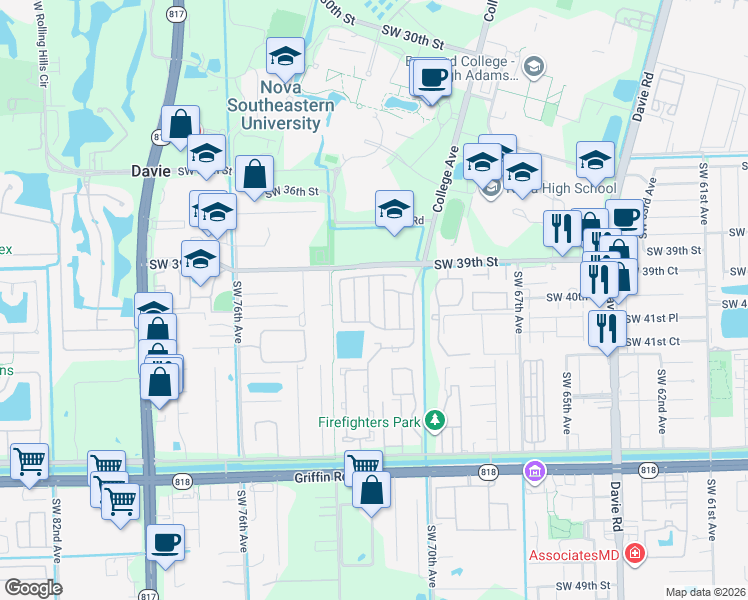 map of restaurants, bars, coffee shops, grocery stores, and more near 4010 Southwest 72nd Way in Davie