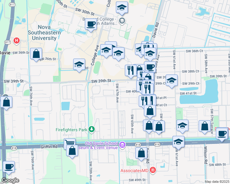map of restaurants, bars, coffee shops, grocery stores, and more near 4036 Southwest 67th Terrace in Davie