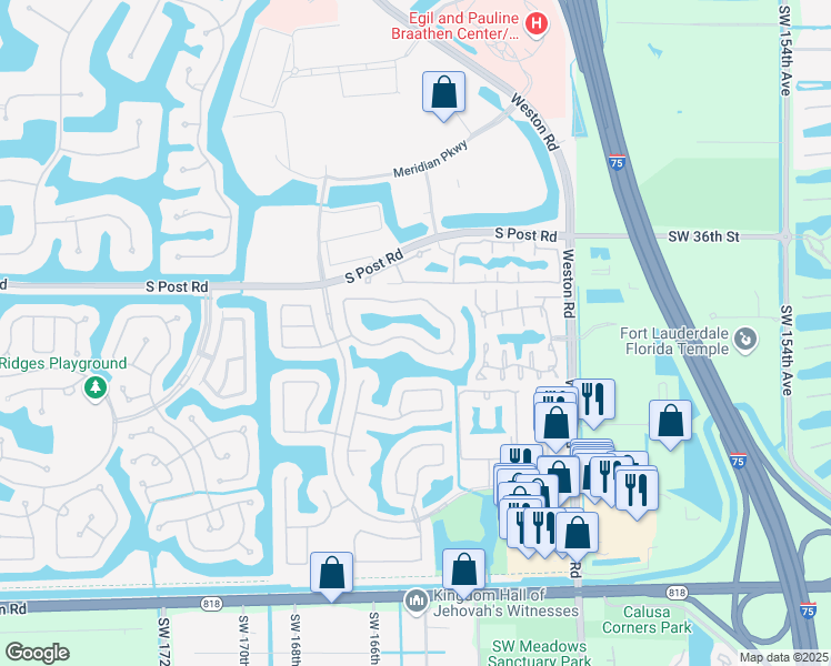 map of restaurants, bars, coffee shops, grocery stores, and more near 16503 Ruby Lake in Weston