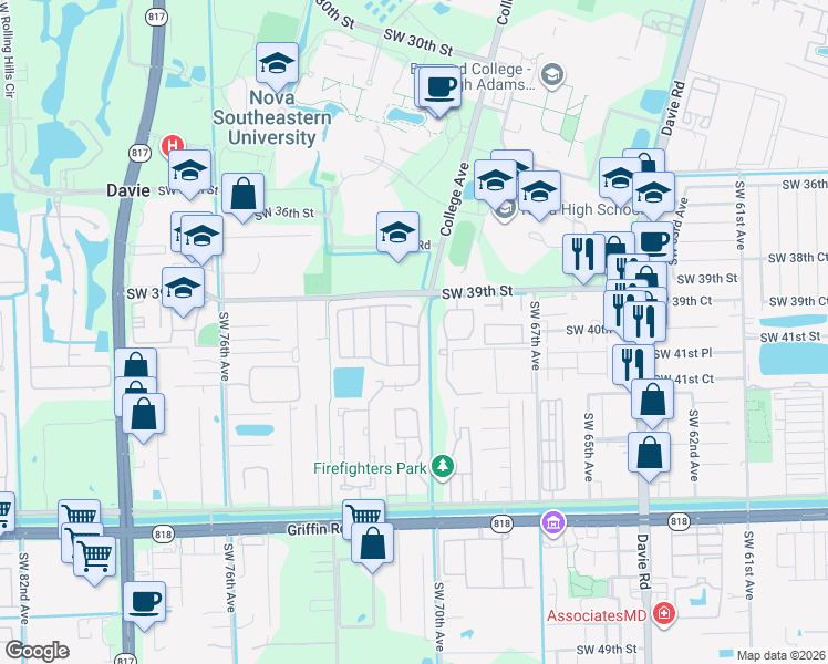 map of restaurants, bars, coffee shops, grocery stores, and more near 4011 Southwest 70th Terrace in Davie