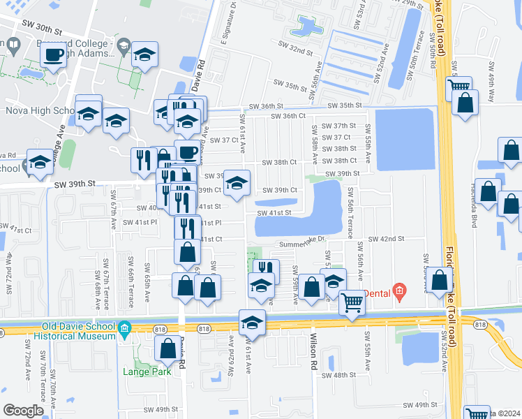 map of restaurants, bars, coffee shops, grocery stores, and more near 6051 Southwest 41st Street in Davie