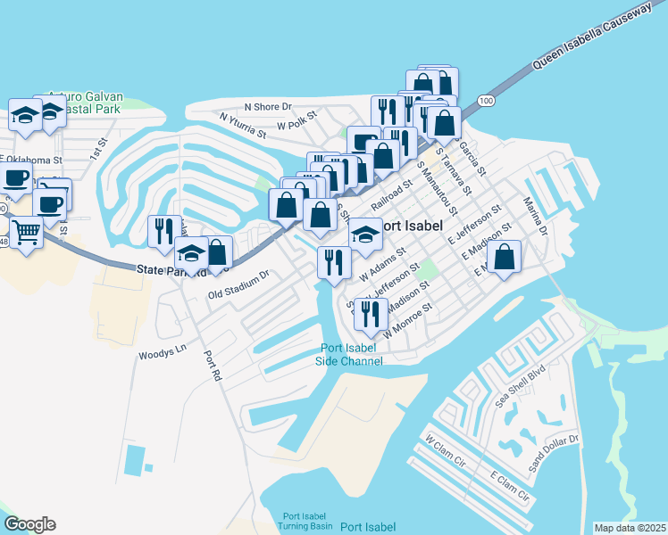map of restaurants, bars, coffee shops, grocery stores, and more near 148 Bridge Street in Port Isabel