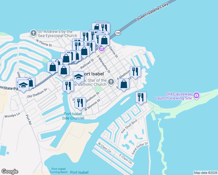 map of restaurants, bars, coffee shops, grocery stores, and more near 118 East Madison Street in Port Isabel