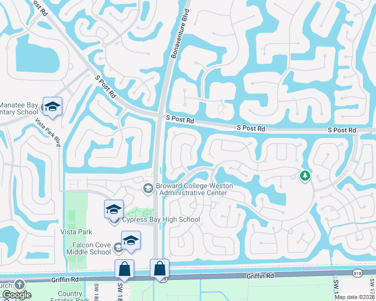 map of restaurants, bars, coffee shops, grocery stores, and more near 3852 Oak Ridge Circle in Weston