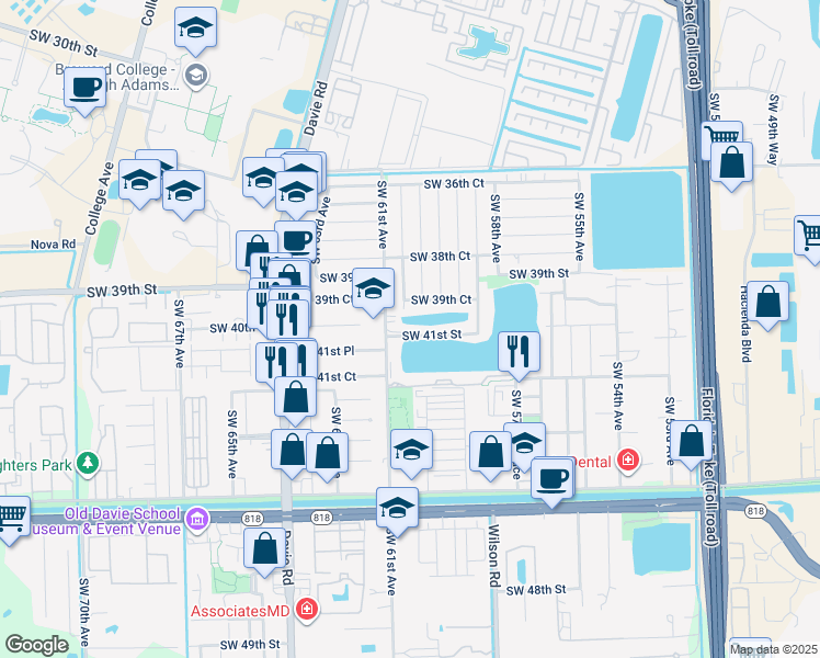 map of restaurants, bars, coffee shops, grocery stores, and more near 6051 Southwest 41st Street in Davie