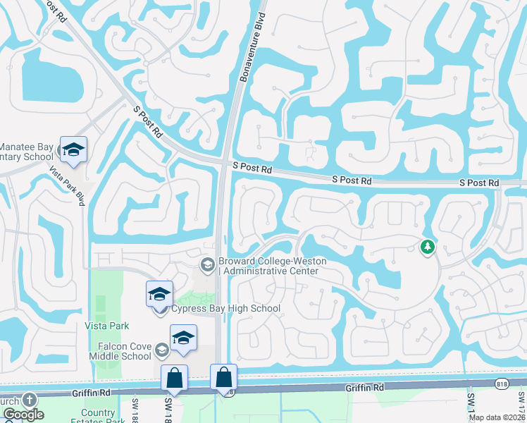 map of restaurants, bars, coffee shops, grocery stores, and more near 3852 Oak Ridge Circle in Weston