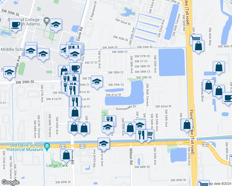 map of restaurants, bars, coffee shops, grocery stores, and more near 5961 Southwest 41st Street in Davie