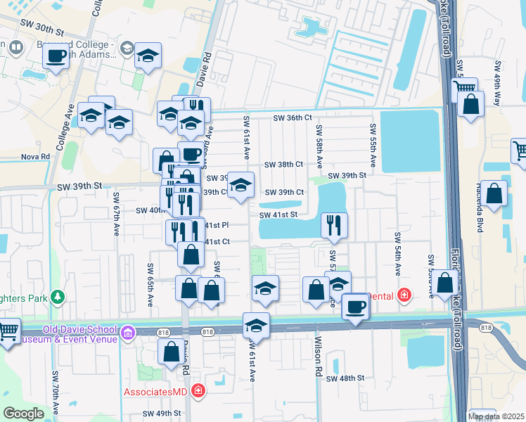 map of restaurants, bars, coffee shops, grocery stores, and more near 6051 Southwest 41st Street in Davie