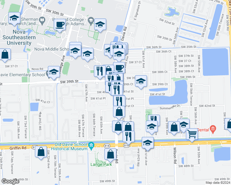 map of restaurants, bars, coffee shops, grocery stores, and more near 3995 Davie Road in Davie