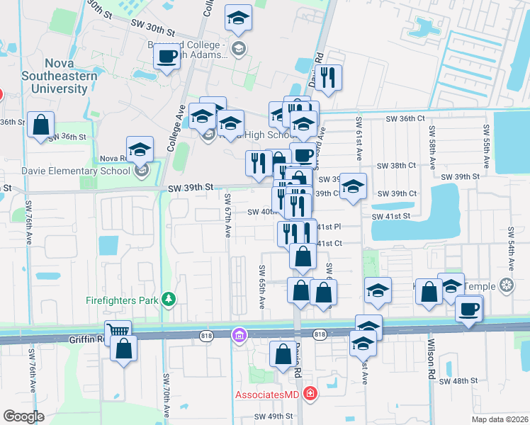 map of restaurants, bars, coffee shops, grocery stores, and more near 6500 Southwest 40th Court in Davie