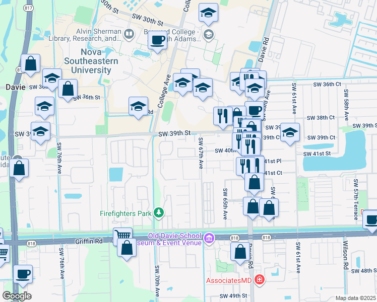 map of restaurants, bars, coffee shops, grocery stores, and more near 6780 Southwest 40th Street in Davie