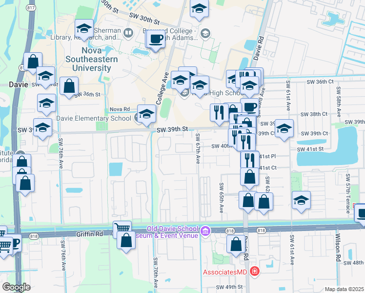 map of restaurants, bars, coffee shops, grocery stores, and more near 6780 Southwest 40th Street in Davie