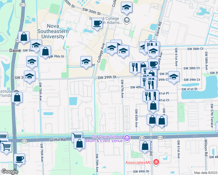 map of restaurants, bars, coffee shops, grocery stores, and more near 6780 Southwest 40th Street in Davie