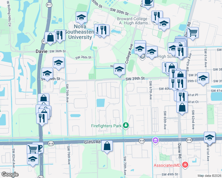 map of restaurants, bars, coffee shops, grocery stores, and more near 4010 Southwest 72nd Way in Davie
