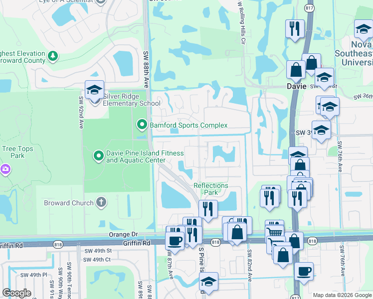map of restaurants, bars, coffee shops, grocery stores, and more near 8521 Old Country Manor in Davie