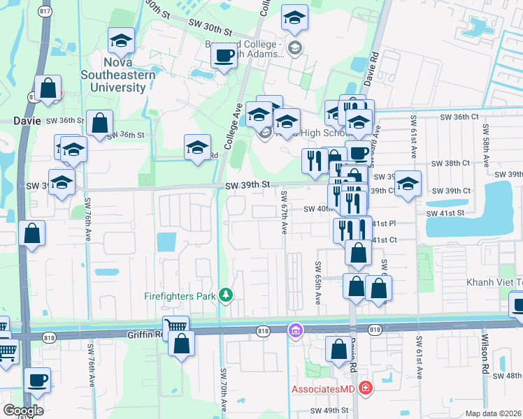 map of restaurants, bars, coffee shops, grocery stores, and more near 6780 Southwest 40th Street in Davie