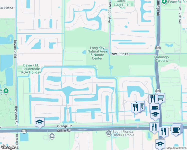 map of restaurants, bars, coffee shops, grocery stores, and more near 3950 Southwest 132nd Avenue in Davie
