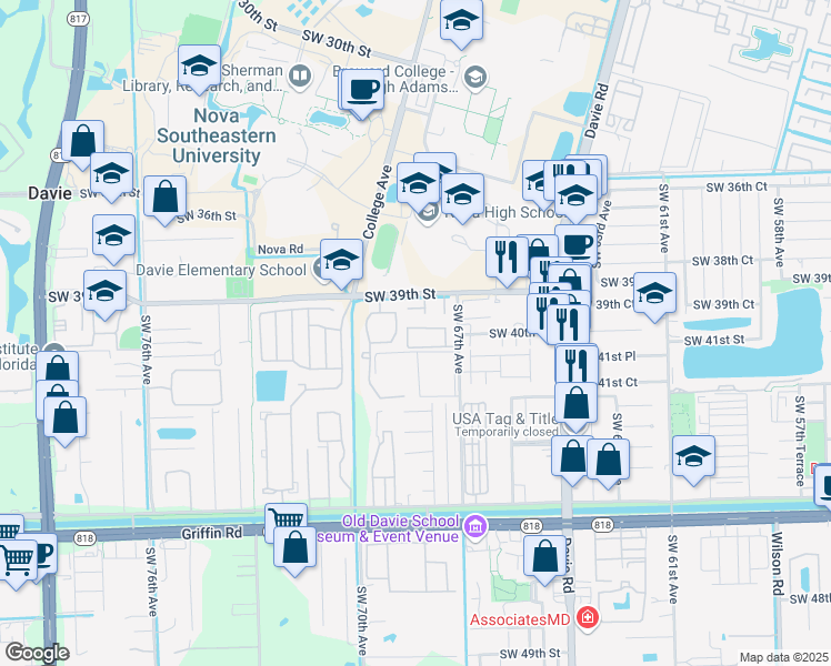 map of restaurants, bars, coffee shops, grocery stores, and more near 6780 Southwest 40th Street in Davie