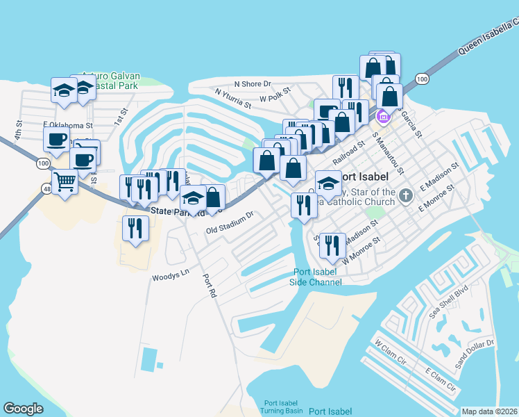 map of restaurants, bars, coffee shops, grocery stores, and more near 110 Old Stadium Dr in Port Isabel