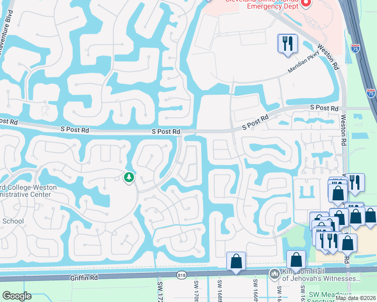map of restaurants, bars, coffee shops, grocery stores, and more near 3637 San Simeon Circle in Weston