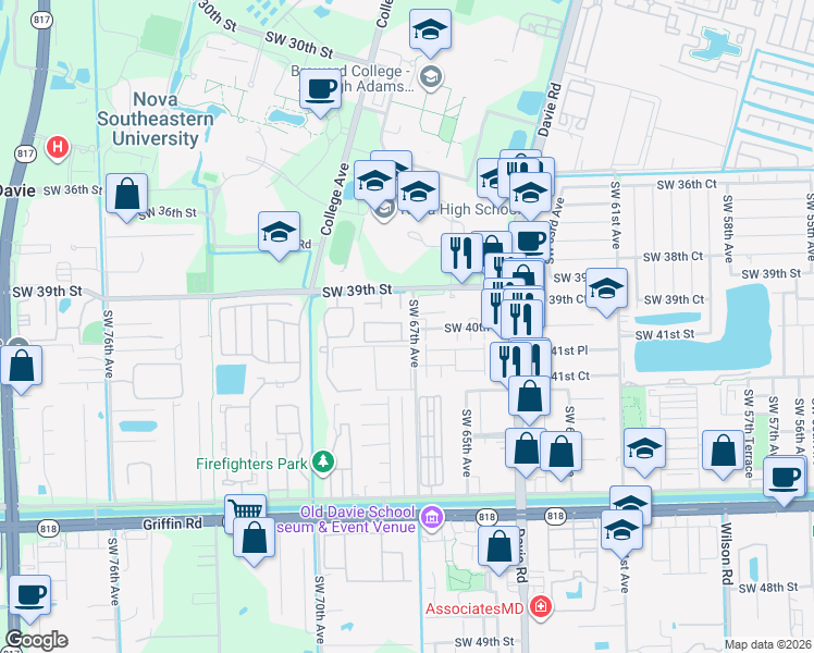 map of restaurants, bars, coffee shops, grocery stores, and more near 4036 Southwest 67th Terrace in Davie