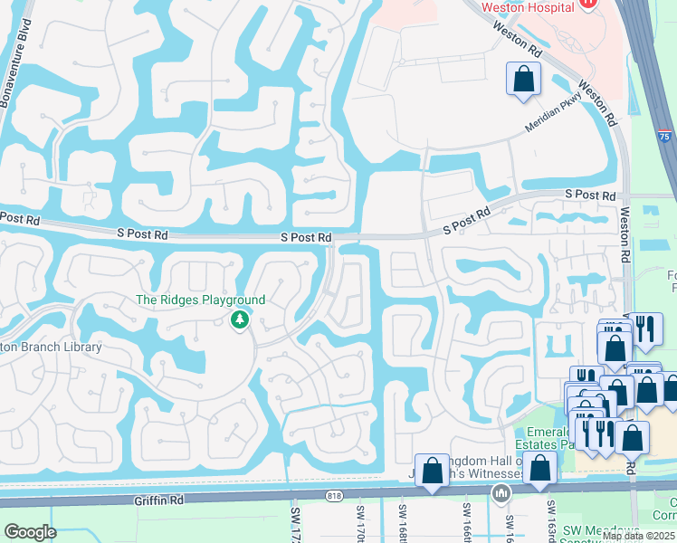 map of restaurants, bars, coffee shops, grocery stores, and more near 3640 San Simeon Circle in Weston