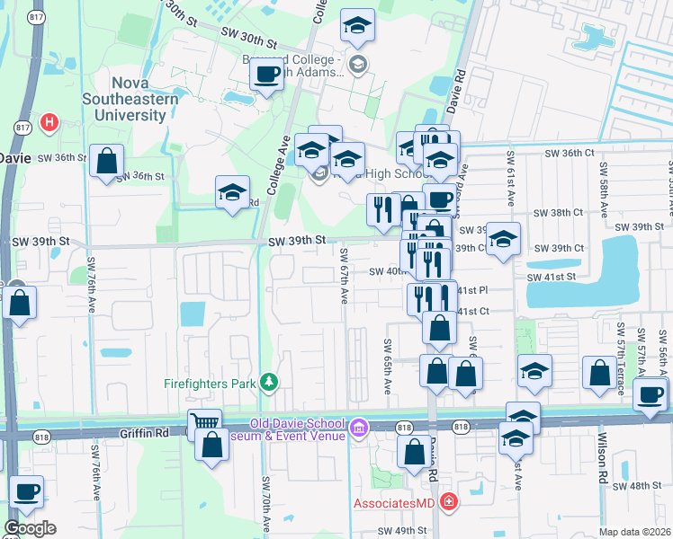 map of restaurants, bars, coffee shops, grocery stores, and more near 4036 Southwest 67th Terrace in Davie