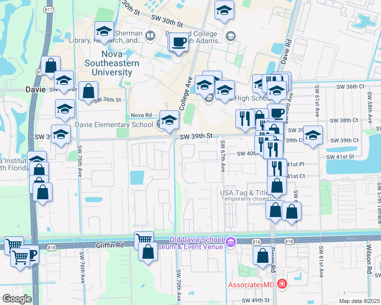 map of restaurants, bars, coffee shops, grocery stores, and more near 6952 Southwest 39th Street in Davie